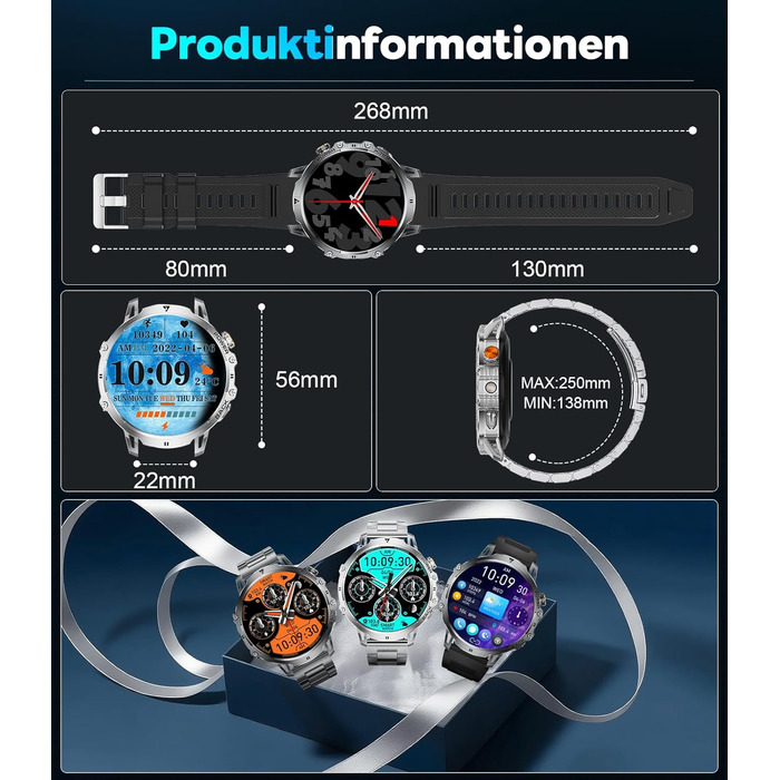 Розумний годинник LIGE Military для чоловіків - 1000 мАг/1,85 дюйма HD великий сенсорний екран/світлодіодна підсвітка, фітнес-годинник з більш ніж 110 спортивними режимами, відстеження серцевого ритму/сну, 2 браслети, водонепроникність IP68, спортивний го