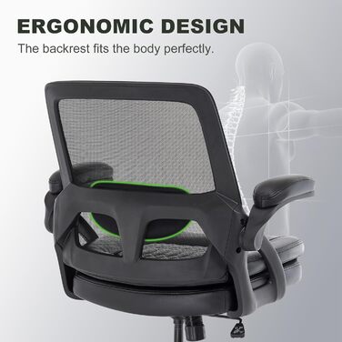 Офісний стілець, стілець для столу, обертовий стілець із сітчастою оббивкою, ергономічний, поперекова підтримка, сидіння 72 см, складні підлокітники, для офісу, домашнього офісу, кабінету, чорний