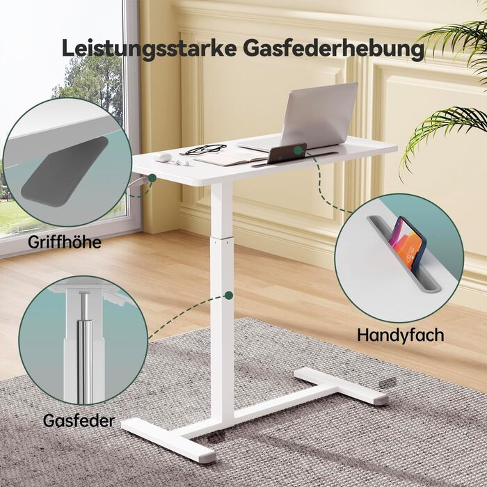 Мобільний стіл з регульованою висотою, стіл для ноутбука з 4 колесами (80 x 40 см), невеликий стоячий стіл/комп&39ютерний стіл, С-подібний бічний столик/кавовий столик для домашнього офісу, білий 80 x 40 см