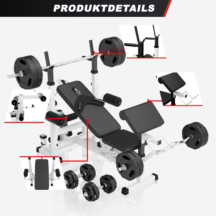 Силова лава GORILLA SPORTS - вкл. комплект штанг 100 кг, місце для зберігання, станція для віджимань, накладка для згинання рук, згинання ніг, режим &quotметелик&quot, тяга до найширшого хвата, регульована, чорно-біла - Багатофункціональна тренувальна лав