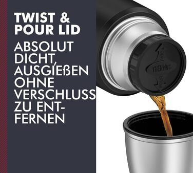 Термос THERMOS STAINLESS KING, матово-чорний, 1,20 л - нержавіюча сталь, герметичний, з чашкою для пиття та ручкою, 12 годин гарячої та 24 години холодної води, можна мити в посудомийній машині, без BPA