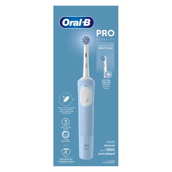Звукова зубна щітка Oral-B Vitality Pro для дорослих, ідеальний подарунок на День Матері, 1 ручка, 2 насадки, 3 режими чищення (включаючи режим для чутливих зубів), UK-штекер, синій колір