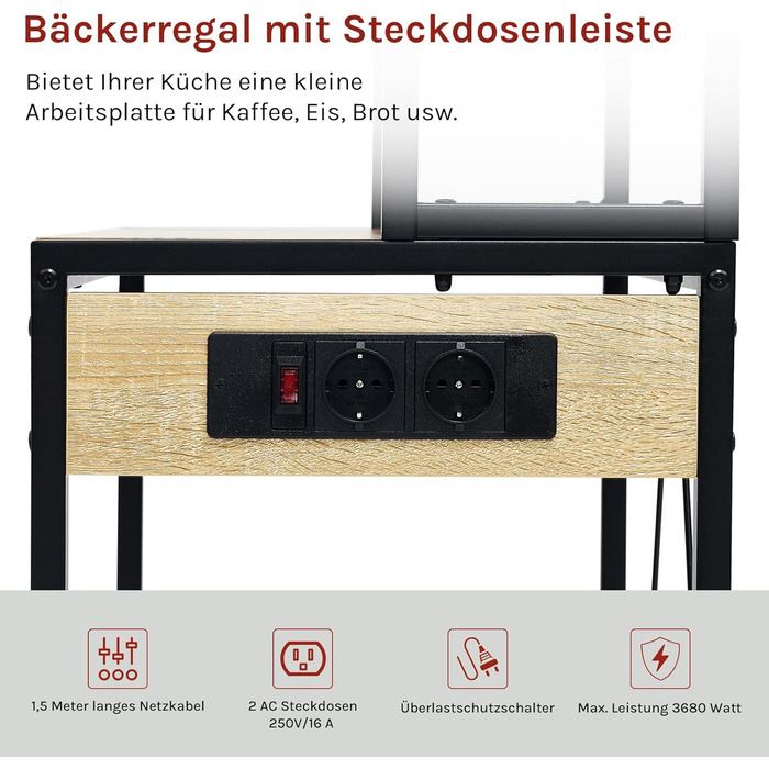 Кухонна полиця WOLTU на 6 рівнів з розетками, полиця для мікрохвильової печі з 6 гачками, полиця для пекаря з металевим каркасом, регульована полиця, чорнийсвітлий дуб, 60 x 167 x 40 см чорнийсвітлий дуб 60 x 39,5 x 167 см
