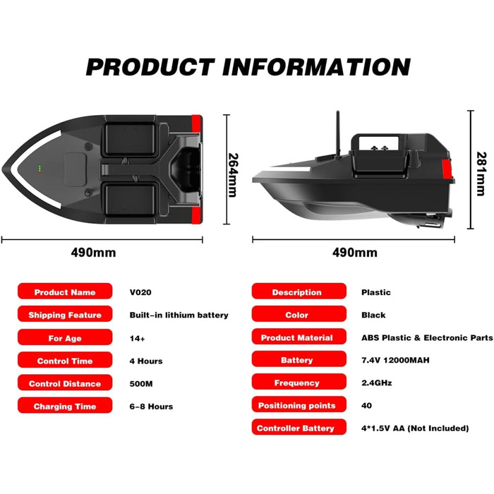 Без GPS Човен для приманки з дистанційним керуванням 500 м Човен для приманки з дистанційним керуванням Двомоторний ехолот 2 кг Підтримка зарядки Автоматичний круїз/повернення/корекція маршруту з нічником Покажчик повороту для риболовлі 12000 мАг