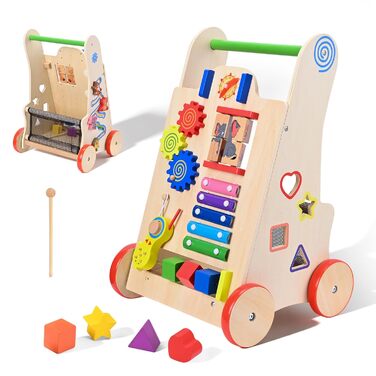 Дерев&39яні ходунки для дітей 8-в-1 з колесами та будівельними блоками, багатофункціональна іграшка-подарунок для малюків від 10 місяців до 1-2 років, кольору дерева