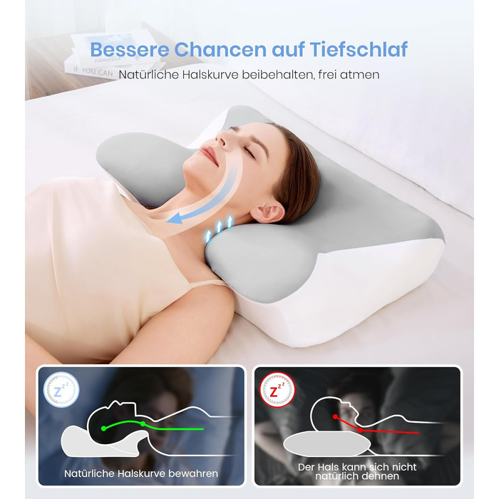 Подушка з піни з ефектом пам&39яті, ортопедична подушка для шиї 2 в 1, ергономічна подушка для підтримки шиї, регульована по висоті подушка для сну на боці, спині та животі, 60x41,5x10/12 см, білого та сірого кольорів