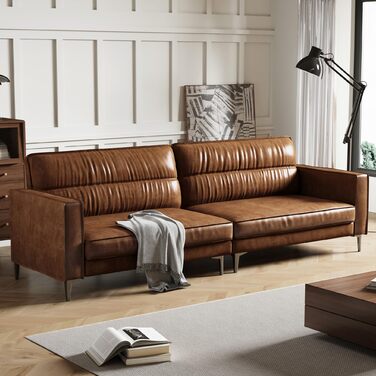 Місний диван під вінтажну шкіру Компактний диван зі штучної шкіри з ґудзиками, металевими ніжками та прямими підлокітниками, коричневий Ретро-диван для вітальні, офісу або невеликої квартири (гладка версія) 220 см гладка версія, 3-