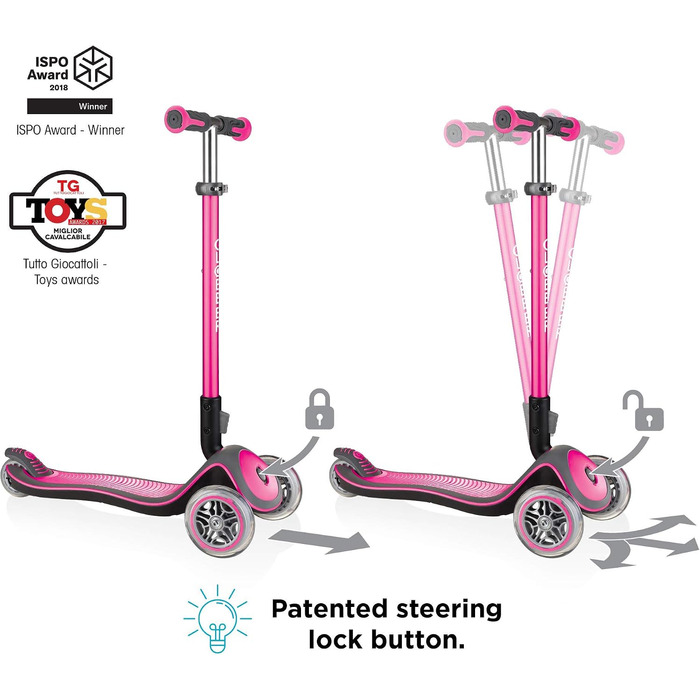 Дитячий самокат GLOBBER Elite Roller Deluxe Lights (3 роки) 3 колеса, ABEC 5, регульована висота, світлодіодні колеса, рожевий