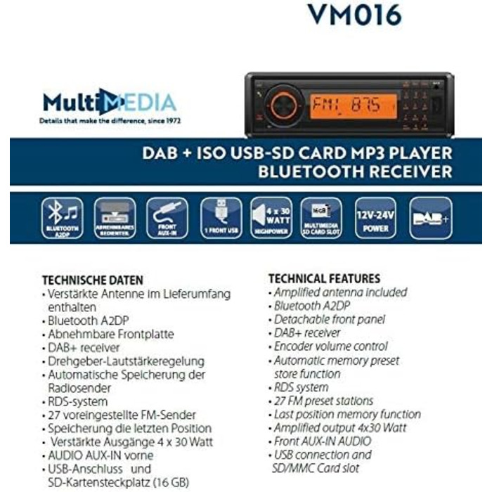 Автомобільна радіостанція Phonocar VM016 1-DIN з 12-24 В - Bluetooth/USB/SD/DAB - Чорний