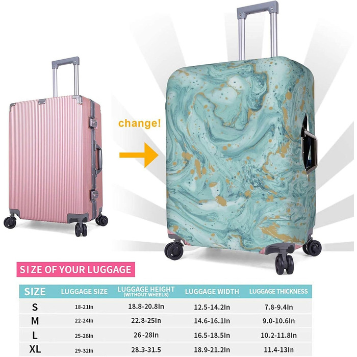 Чохол для валізи Азурит, блакитно-зелений з золотистим малюнком Олійний мармур, еластичний, миючий, захист від подряпин, для дітей та дорослих (45,753,3 см)