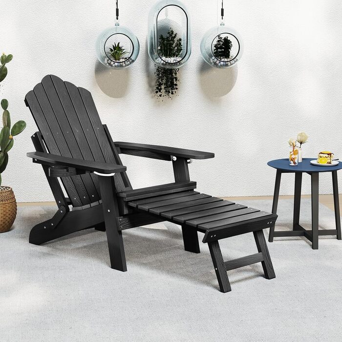 Складане крісло GIANTEX Adirondack з підставкою для ніг, всепогодне крісло для вогнища з регульованою спинкою та тримачем для напоїв, шезлонг на вулиці, вантажопідйомність до 180 кг