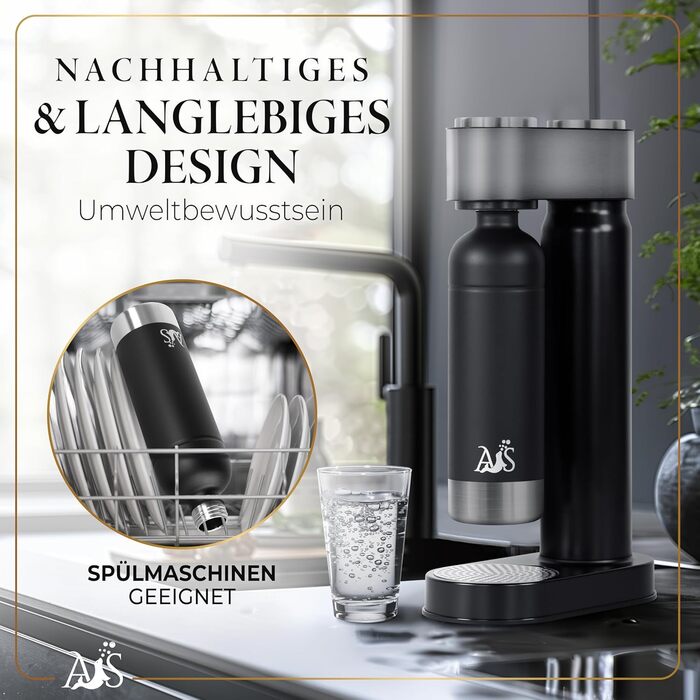 Пляшка з нержавіючої сталі AQUASEAL пляшка для води, сумісна з виробниками газованої води AarkeCarbonator 3, Philips GoZero, Sodapop, Brita sodaONE1 літр газованої води 1,25 л поверхня закриття можна мити в посудомийній машині чорний