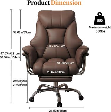 Офісне крісло з підставкою для ніг та поперековою опорою Ергономічне ігрове крісло з регульованим по висоті підголівником та регульованою спинкою, обертове крісло з високою спинкою зі штучної шкіри для домашнього офісу (коричневе)