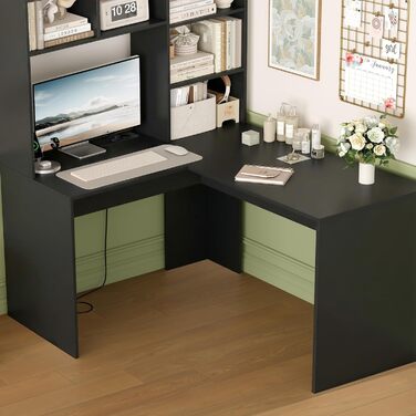 Кутовий письмовий стіл FirFurd з подовжувачем, L-подібний комп&39ютерний стіл з книжковою полицею, стіл для ПК/ноутбука для офісу, кабінету, вітальні, домашнього офісу, чорний, 153 x 125 x 108 см