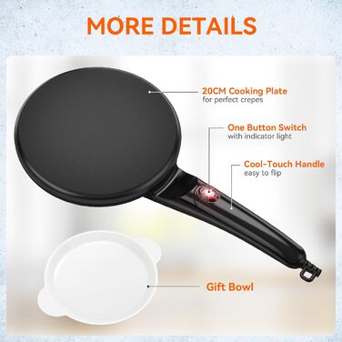 Млинниця SNAILAR, електрична млинниця з ручкою, антипригарне покриття, поверхня нагріву Ø 20 см, 800 Вт, автоматичний контроль температури, просте керування, Для млинців, млинців і такко. 800 Вт Чорний