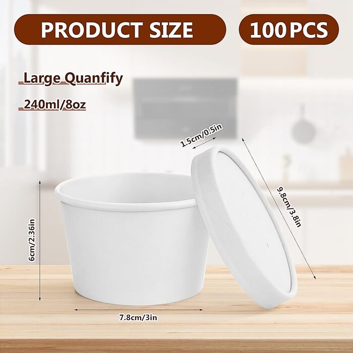 Паперових контейнерів для супу з кришками, набір картонних мисок для супу об&39ємом 240 мл, багаторазові стаканчики для салату, морозива, супу, кави (білі), 100