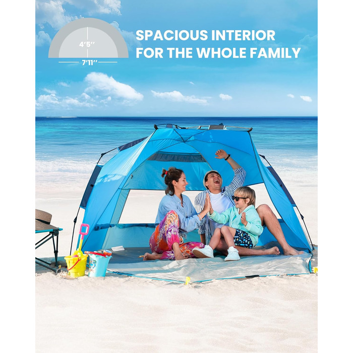 Пляжний намет OutdoorMaster Pop-Up для 3-4 осіб, розмір XL, просте встановлення, портативний пляжний навіс, складний сонцезахисний тент із захистом від ультрафіолету UPF 50, знімний даховий ліхтарик, сімейний розмір, синій