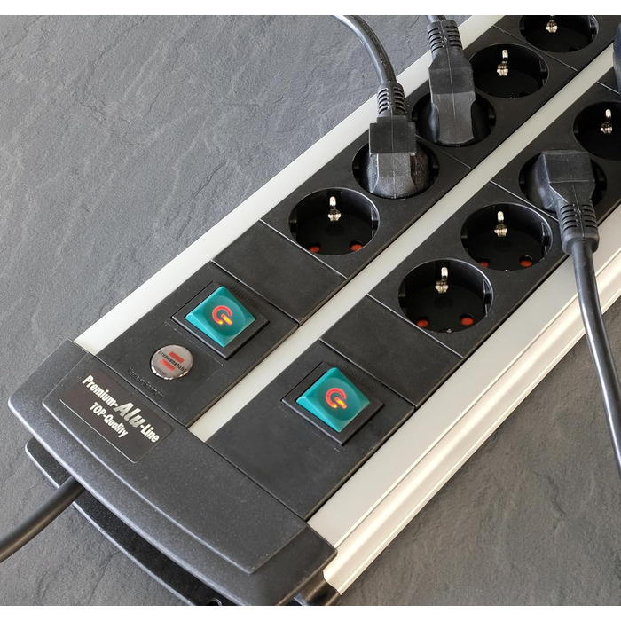 Розеткова планка Brennenstuhl Premium-Alu-Line 12-шляхова/багатошляхова розетка з високоякісного алюмінію (з 2 вимикачами на 6 роз