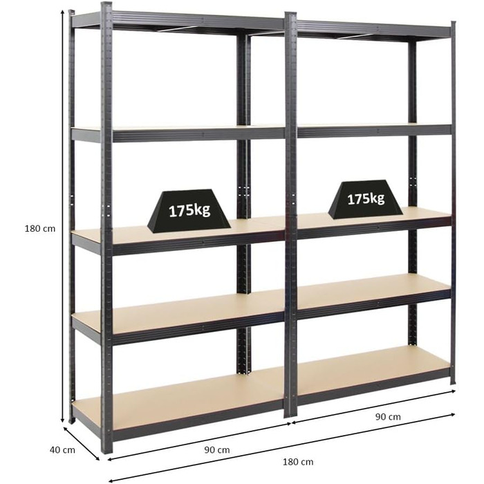 Міцний стелаж Gorilla ВxШxГ 180x90x40 см Вантажопідйомність полиці 175 кг Чорний Стелаж для гаража, стелаж для підвалу, стелаж для майстерні, стелаж для зберігання, стелаж без ригелів, 2 шт. ВxШxГ 180x90x40 см, чорний, 2 шт.