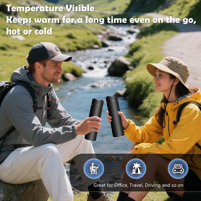 Термос-пляшка з вакуумною ізоляцією об&39ємом 0,5 л, пляшка для води з нержавіючої сталі 304/316, сенсорний світлодіодний дисплей температури, герметична, без BPA, для дому, офісу, подорожей, спорту, чорна термопляшка 500 мл