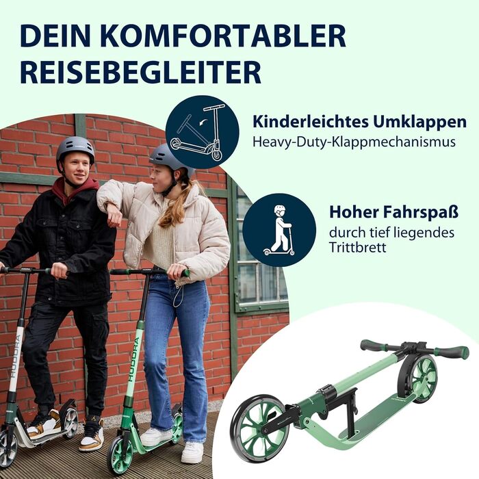 Самокат HUDORA BigWheel 205 Advanced комфортний алюмінієвий самокат до 100 кг, з регулюванням висоти та можливістю складання, для дітей, підлітків та дорослих, колір Pine
