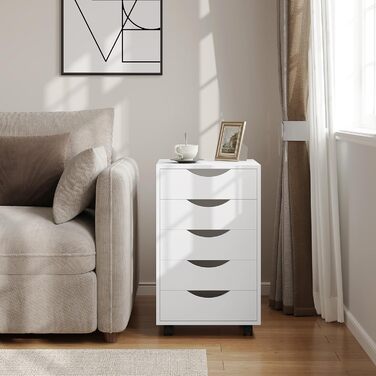 Контейнер на колесах WOLTU з 5 шухлядами, мобільна шафа для документів на колесах, блок з шухлядами, офісна шафа, офісний контейнер, тумба для столу, для домашнього офісу, білий, 40x66,5x40 см, ASK14ws