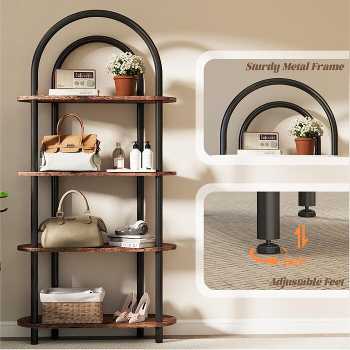 Рівнева вигнута книжкова шафа, книжкова полиця з металевим каркасом та дерев&39яними полицями, висота 165,5 см, полиці для зберігання для вітальні, кабінету, офісу, 80 * 30 * 165,5 см (сільський коричневий) 80*30*165,5 см, 4-