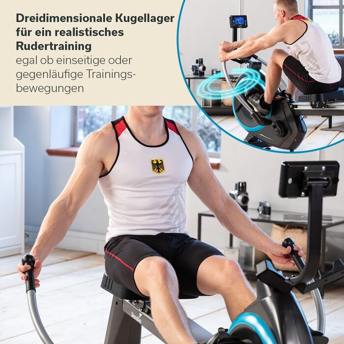 Домашній веслувальний тренажер Skandika Nordlys Автентичне відчуття веслування завдяки поворотним важелям на кулькових підшипниках, складаний, магнітний опір, 16 рівнів, 21 програма тренувань, Bluetooth, додаток Kinomap, веслувальний тренажер