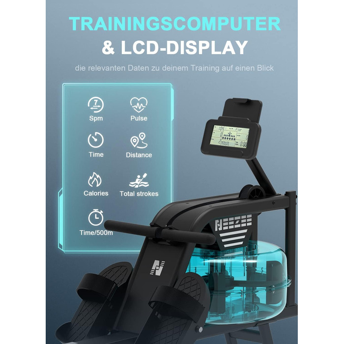 Домашній гребний тренажер Neezee, водний гребний тренажер з професійним Bluetooth-монітором та тримачем для планшета, максимальна вантажопідйомність 150 кг, вертикальне зберігання, транспортні колеса для легкого переміщення, новий монітор