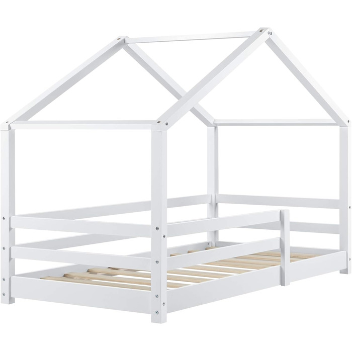 Дитяче ліжко Kntten, Ліжко-будиночок, Ліжко на підлозі, 80 x 160 см, Дерев&39яне ліжко для дітей із захистом від падіння, Каркас ліжка з рейковою основою, Сосна, Біле, 80x160 см