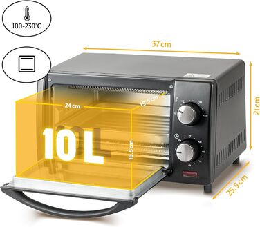 Міні-піч TZS First Austria 10 літрів, 800 Вт, до 230 градусів, плавне регулювання температури, таймер на 60 хвилин, 2 висоти полиць, подвійні скляні дверцята, міні-піч
