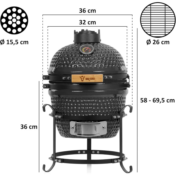 Вугільний гриль Haiiro Ø 32 см з термометром, дерев'яна ручка сірий Керамічний гриль Kamado, міні-гриль на вугіллі, міні-гриль кам