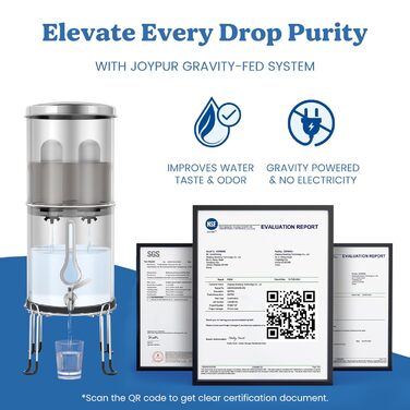 Гравітаційна система фільтрації води Joypur 8,5 л із оглядовим віконцем у формі сльози Гравітаційний фільтр для води для питної води з 2 керамічними фільтрами для домашнього використання для подорожей на автофургонах
