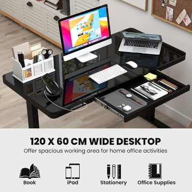Електричний стіл Giantex для роботи сидячи та стоячи, 120 x 60 см, регульована висота, з шухлядою, скляною стільницею з можливістю запису, портами USB та Type-C, пам&39яттю пресетів (чорний)