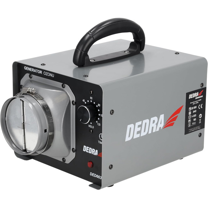 Генератор озону 20 г/год, озонатор DEDRA, 120 Вт, витрата повітря 340 м/год, метод дезінфекції, вентилятор, гнучкий шланг, автоматичне керування часом роботи, видаляє мікроорганізми 20000 мг/год