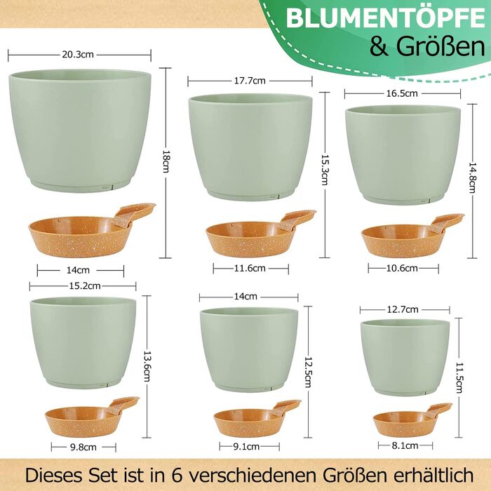 Пластиковий квітковий горщик з блюдцем 20,3/17,7/16,5/15,2/14/12,5 см, набір з 6 предметів, самополивний кашпо, горщик для трав, кухонний набір, кругле кашпо для балкону, сукуленти, кактуси, зелений