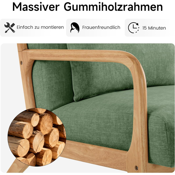 Акцентне крісло з подушкою, сучасне м&39яке крісло для вітальні, крісло для відпочинку з підлокітниками та дерев&39яним каркасом, зручне крісло для читання, зелена тканина, комплект з