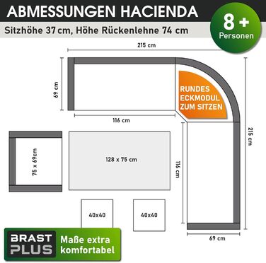 Набір садових меблів BRAST Hacienda до 10 осіб багато кольорів в т.ч. подушка та чохол Протестовано TV Набір обідніх меблів для відпочинку на відкритому повітрі Коричневий/бежевий