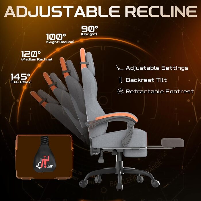 Ергономічне ігрове крісло Verdego з функцією масажу, підголівником та підставкою для ніг, оксамит, регульована спинка 90-145, регульована висота 10 см, ігрове крісло, сіро-помаранчевий оксамит