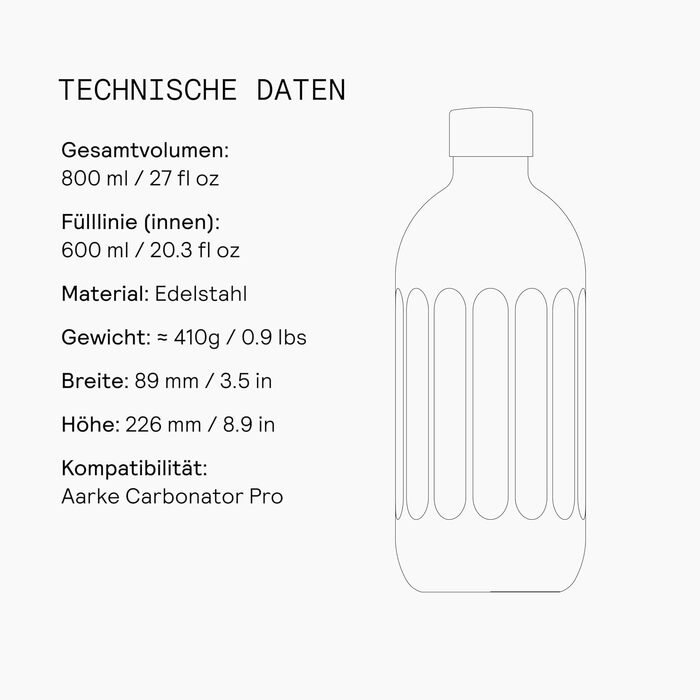 Пляшка для води Aarke To-Go з нержавіючої сталі для негазованих та газованих напоїв, сумісна з Carbonator Pro, з подвійними стінками та вакуумною ізоляцією, герметична та придатна для миття в посудомийній машині, 800 мл