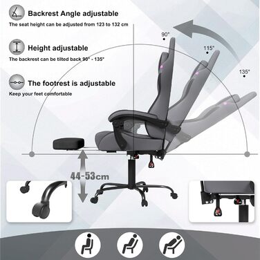 Ергономічне ігрове крісло UISEBRT з масажем та підставкою для ніг, зручне ігрове крісло, регульована спинка, підголівник та масажна поперекова подушка - сірий, чорний та фіолетовий