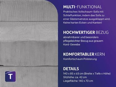 Диван-ліжко Dream Night з сірим вельветовим чохлом, знімний чохол, який можна прати, спальна зона 140x200, виготовлено за німецькими стандартами якості, сірий (велветовий) гостьовий диван
