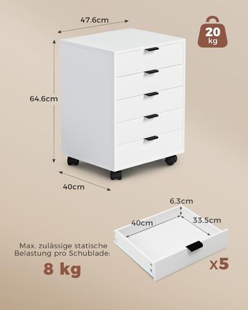 Шафа з шухлядами, контейнер на колесах, мобільна шафа для документів з 5 шухлядами, шафа під письмовим столом, офісний комод для домашнього офісу, білий 40 x 47,6 x 64,6 см