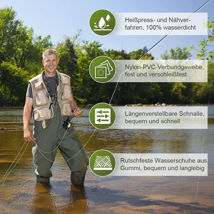 Чоловічі вейдерси, рибальські штани з нейлону 70D, водонепроникні вейдерси з ПВХ з чобітьми, рибальські штани з регульованим плечовим ременем, рибальські штани для будівництва, саду, розмір L42/43 зелений