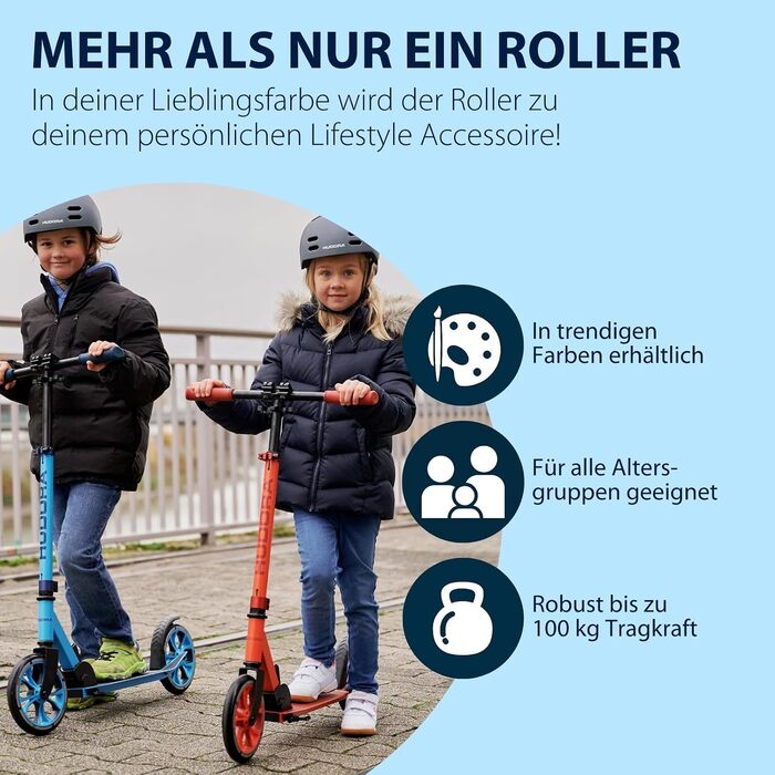 Самокат HUDORA Scooter Up 200 безшумний алюмінієвий самокат до 100 кг, складаний, з регулюванням висоти, для дітей, підлітків та дорослих, чорний/синій
