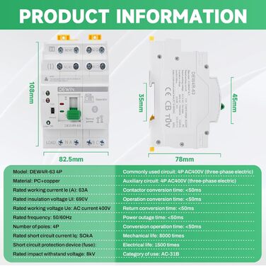 Автоматичний перемикач, 4P 63A 400V ATS перемикач, аварійний автоматичний перемикач живлення, подвійний автоматичний перемикач живлення на DIN-рейку
