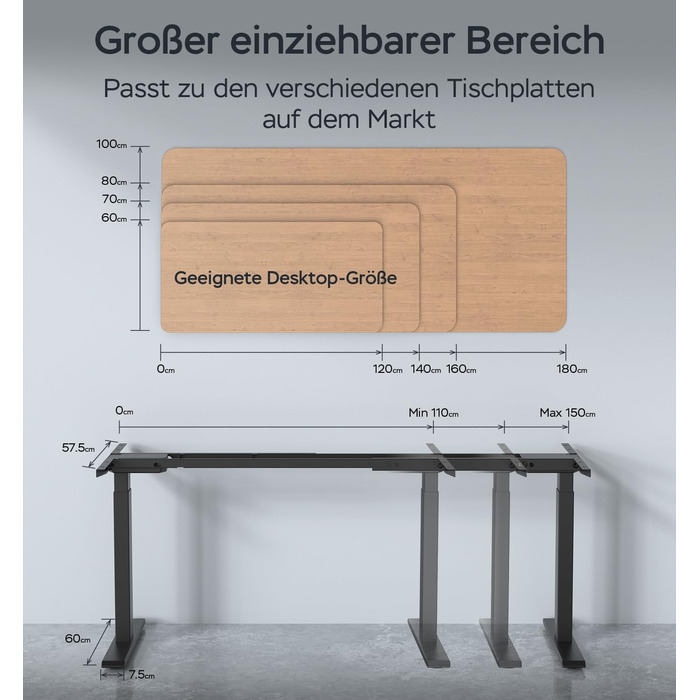 Регульована по висоті каркас столу з 2 потужними двигунами, регульована по висоті каркас столу, електрично регульовані ніжки столу з 4 налаштуваннями пам&39яті (чорний)