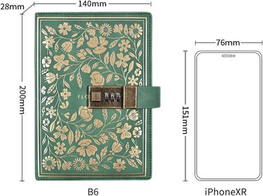 Вінтажний шкіряний щоденник LinYesh з кодовим замком B6 тиснена квітка Секретний щоденник з лінією для письма, щоденник блокнот, щоденник для чоловіків, жінок, дівчаток, хлопчик зелений