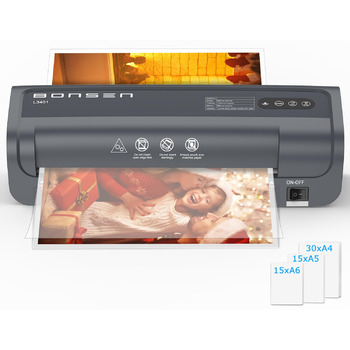 Ламінатор BONSEN A4 з технологією Never Jam, 60 пакетів для ламінування в комплекті (30 x A4, 15 x A5, 15 x A6), точний контроль температури NTC, швидке ламінування для дому, школи, офісу, ламінатор L3401 A4 60 пакетів для ламінування