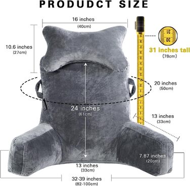 Подушка для читання SLIGUY, надзвичайно велика, 31 дюйм, подушка для відпочинку на ліжку зі знімним валиком для шиї та підлокітниками для сидіння в ліжку або на дивані, спинка для дорослих, подушка для читання, перегляду телевізора, темно-сіра, дуже велик